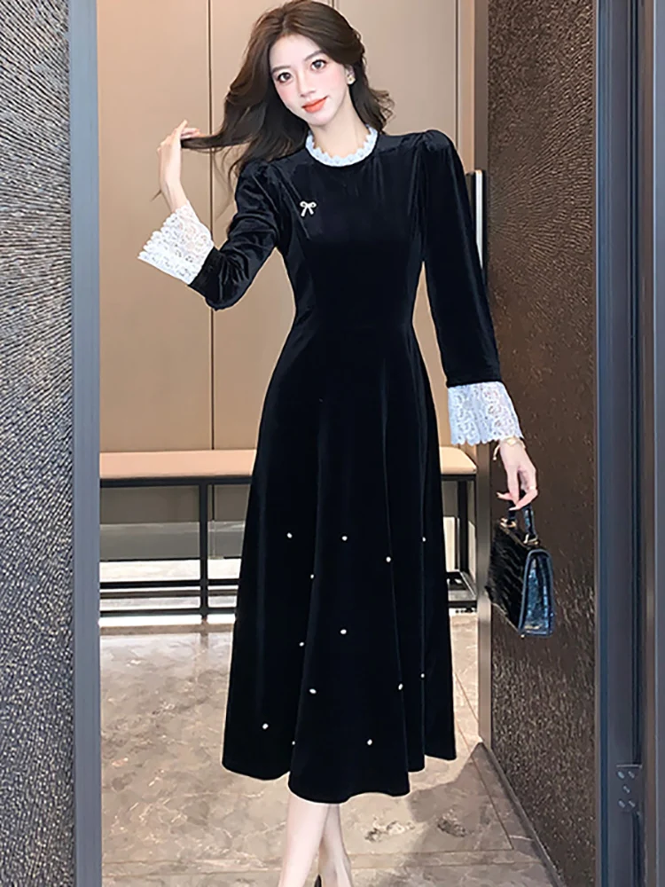 Robe longue en velours noir à volants et perles, tenue de soirée de luxe, Vintage coréenne, élégante, moulante, automne hiver 2025