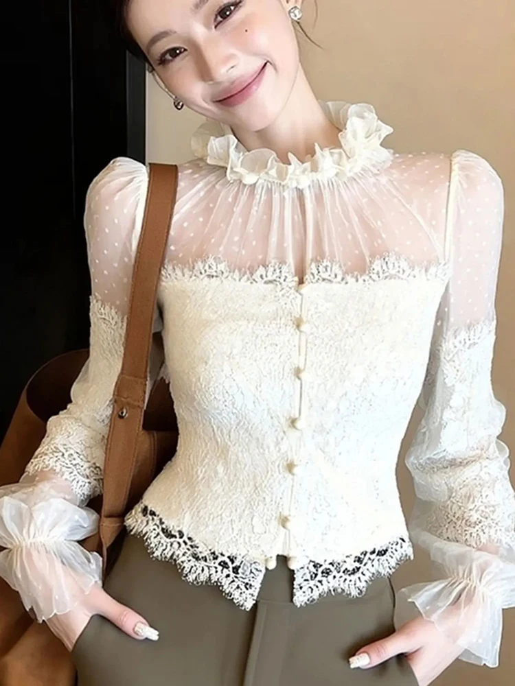 Camicie sexy patchwork in pizzo da donna manica lunga slim fit volant colletto alla coreana camicetta bottoni chic top da donna da ufficio a pois spessi