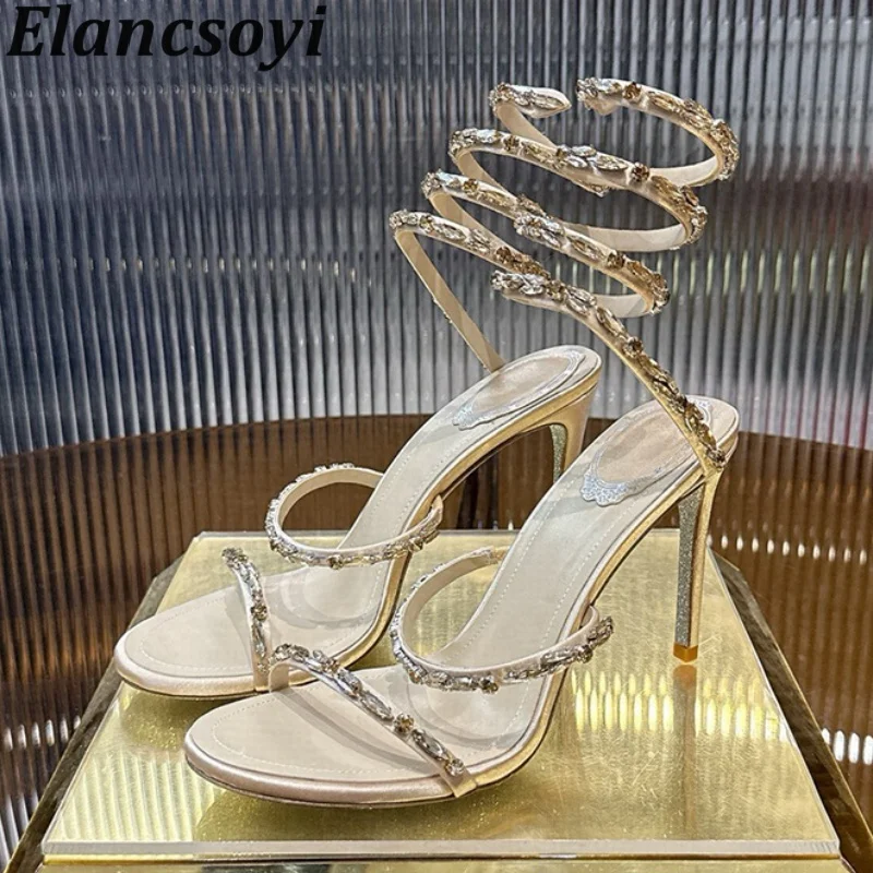 Sandals Crystal Ankle Snake Shaped Winding Thin Heels Sandalias Summer Women Open Toe Fashion High Heels Banquet Wedding Shoes
