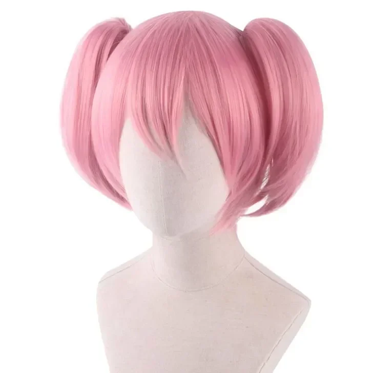 Wig Cosplay Madoka Magica Merah Muda dengan Poni Wig Lurus Panjang Sintetis Wig Gadis Ajaib Cosplay Ekor Kuda Ganda Mdoka Utama