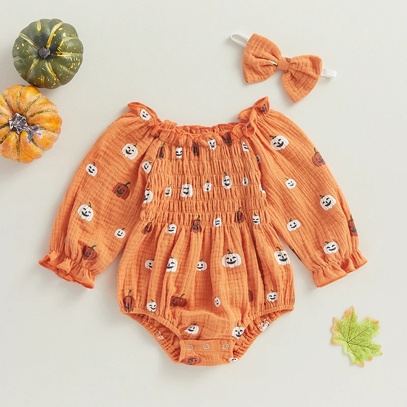 Baby Girl Halloween Bodysuit 2Pcs Cartoon Pumpkin Print Ruched Off Shoulder Long Sleeve Shorts Jumpsuit+ Bow Headband Streetwear