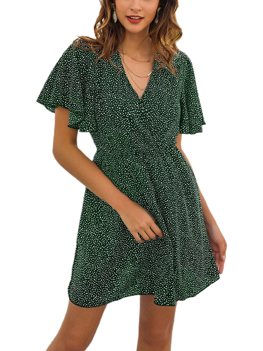 

Women\u2019s Casual Short Sleeve Dress Fashion Dot Printed V-neck High Waist A-line Chiffon Dress