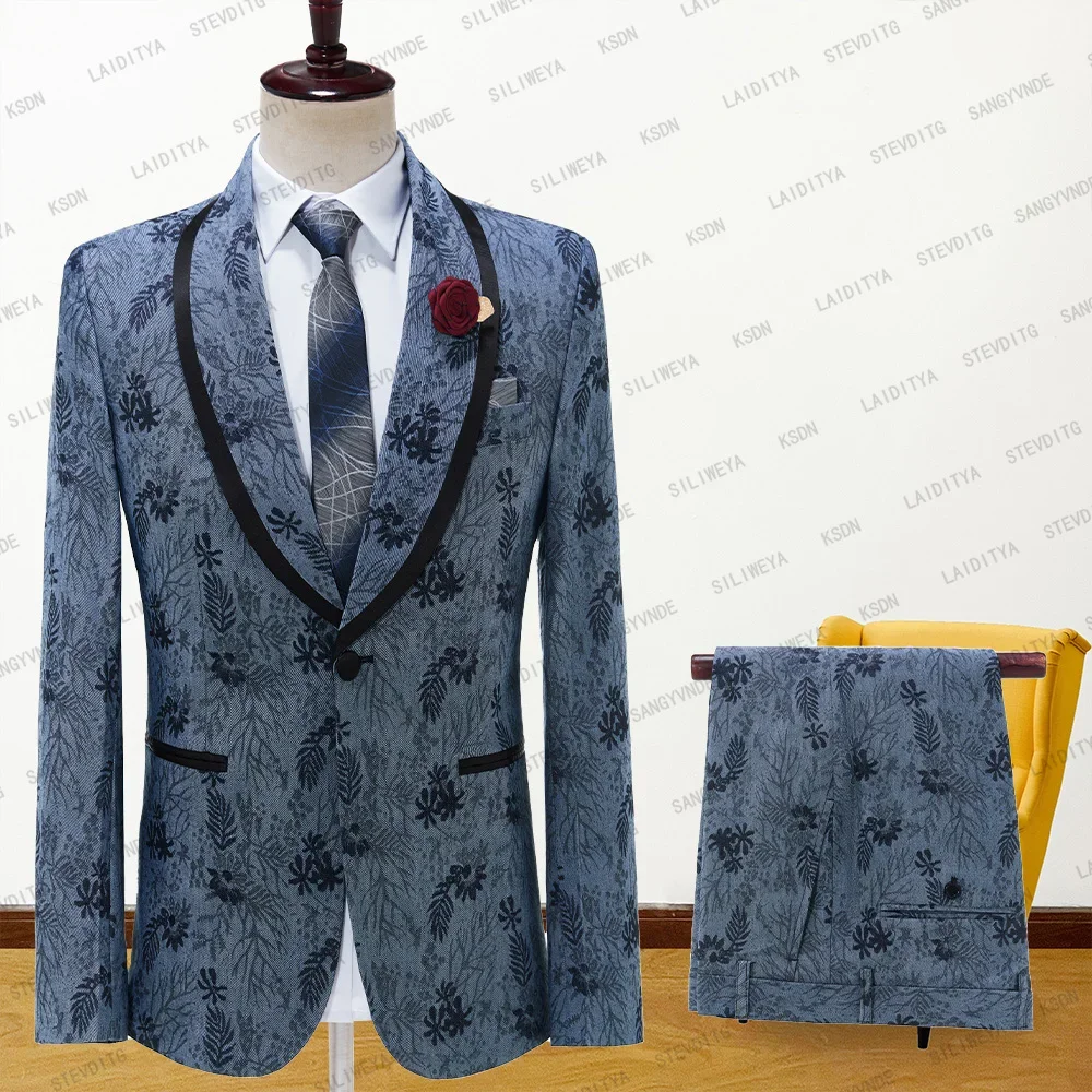 

2023 New Denim Print Velvet Lapel Suits For Men Slim Fit 2 Pcs Jacket Pants Set Formal Groom Wedding Prom Tuxedo Male Business