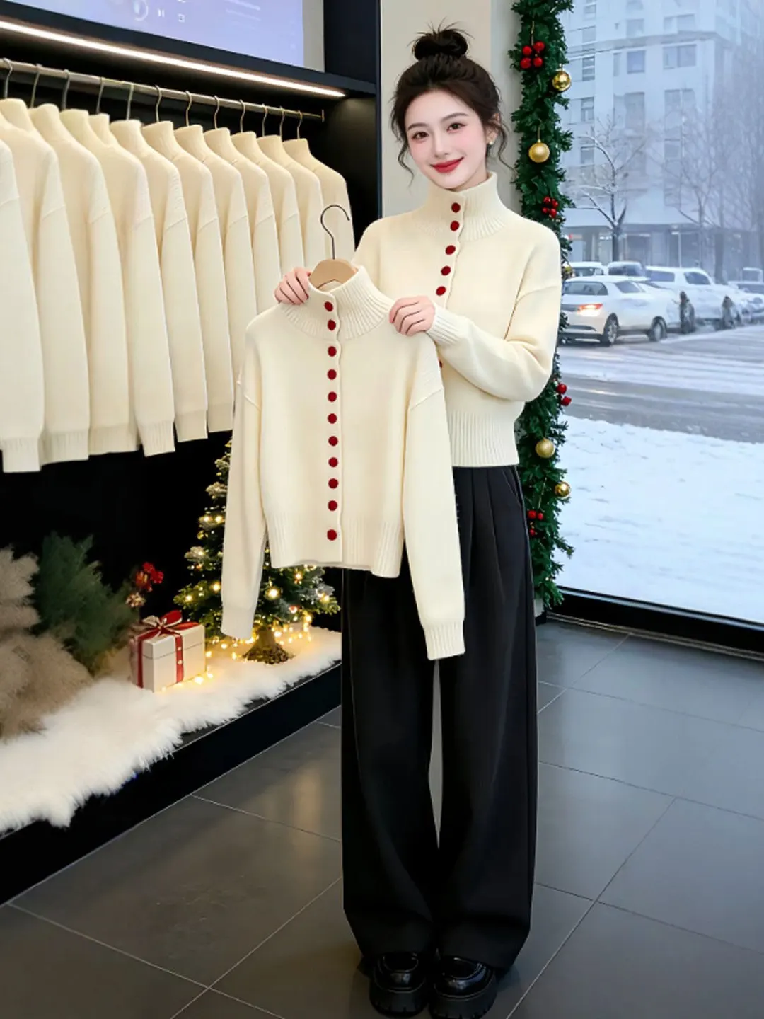 

Korean Sle Unique High Ne Knitted Sweater Women's Outerwear Spring Season Soft Fabric Long Sve Warmth Comfortable Fit