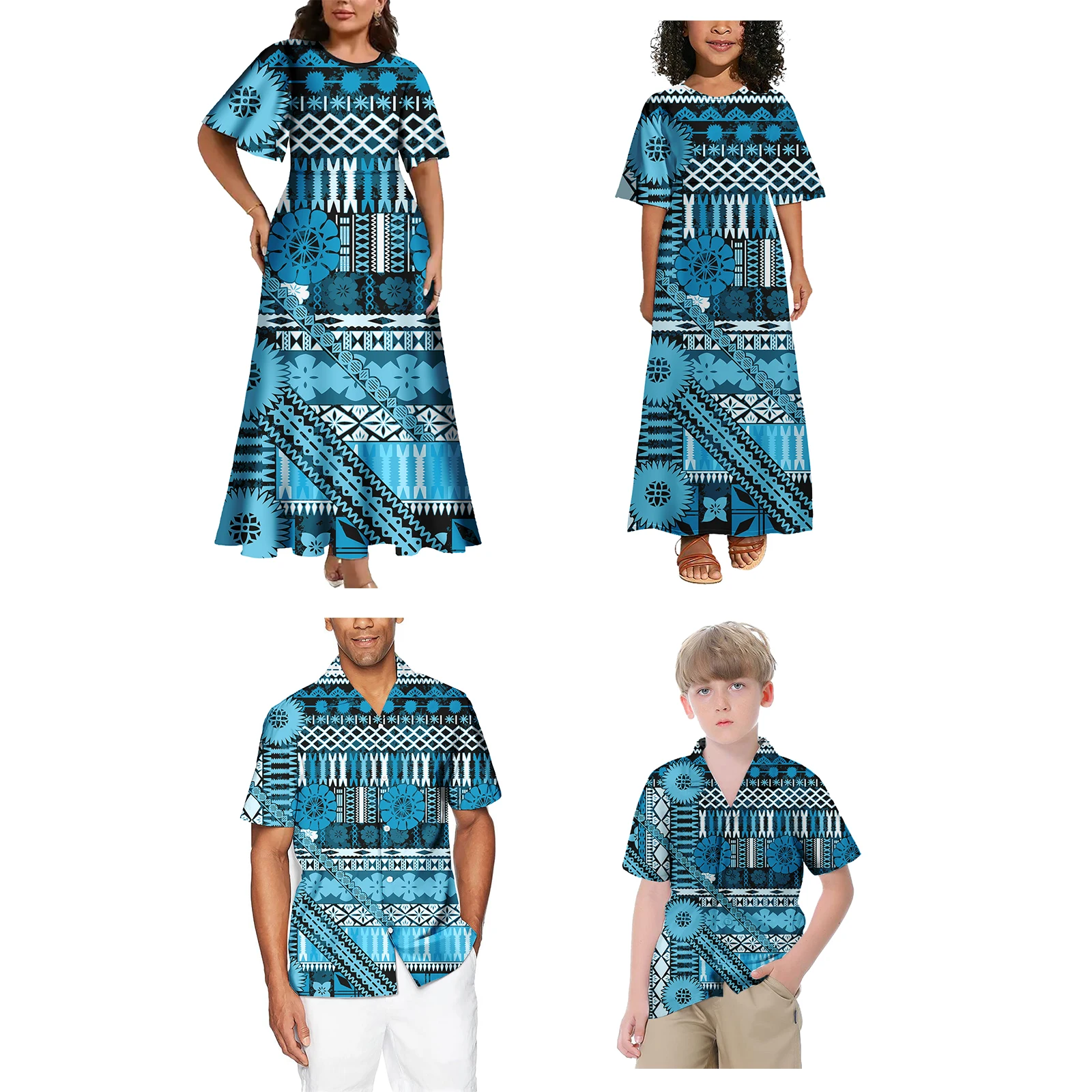 New Polynesian Island 4pcs Family Matching Set Puletasi Style Samoa Custom Women\'S Clothing Plus Size Dresses Hawaiian Shirt Man