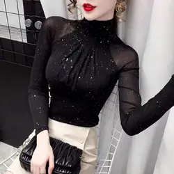 Turtleneck Women Blouses Lady Sexy Long Sleeve Shinny Blouse Pleated French Style Black Bottoming Shirt Slim Fit Undershirt