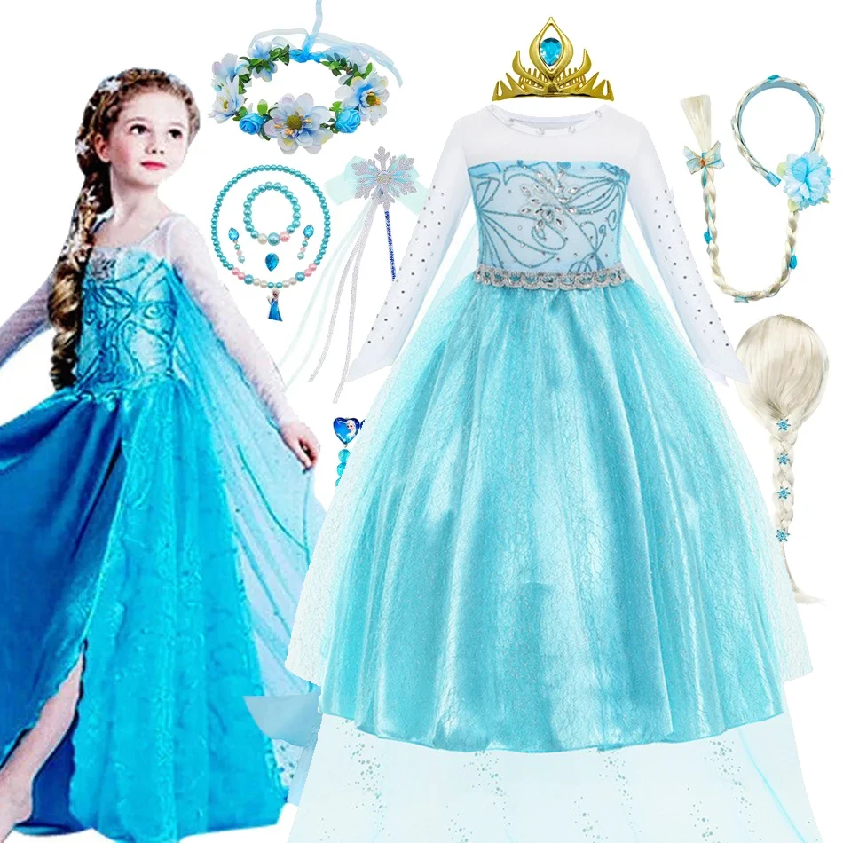 

Princess Girls Elsa Dress Halloween Cosplay Christmas Party Costume Mesh Fancy Snow Queen Clothes Elza Long Sleeves Vestido