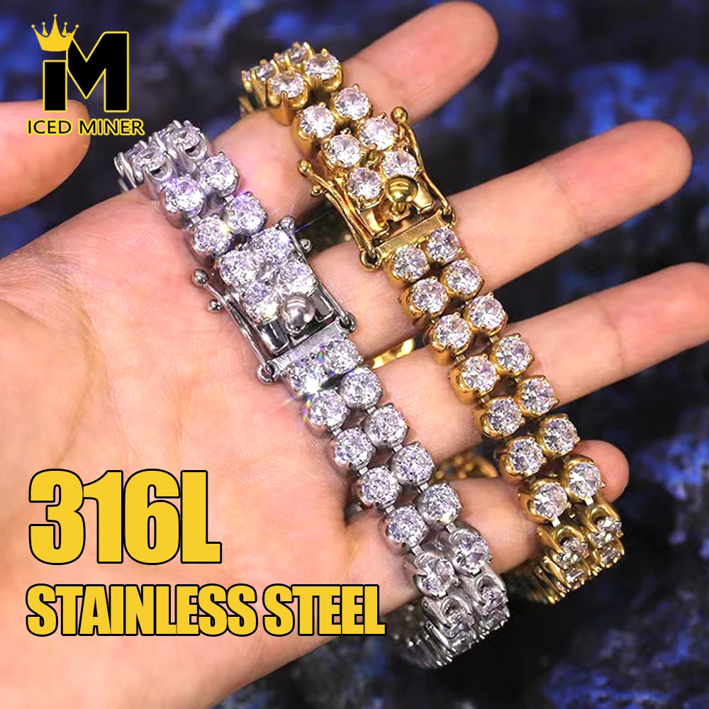 

12mm 2 Rows 316L Stainless Steel Tennis Chain Bracelets For Men Bling Hip Hop No Fade Hand Chain Bangles Gothic Jewelry