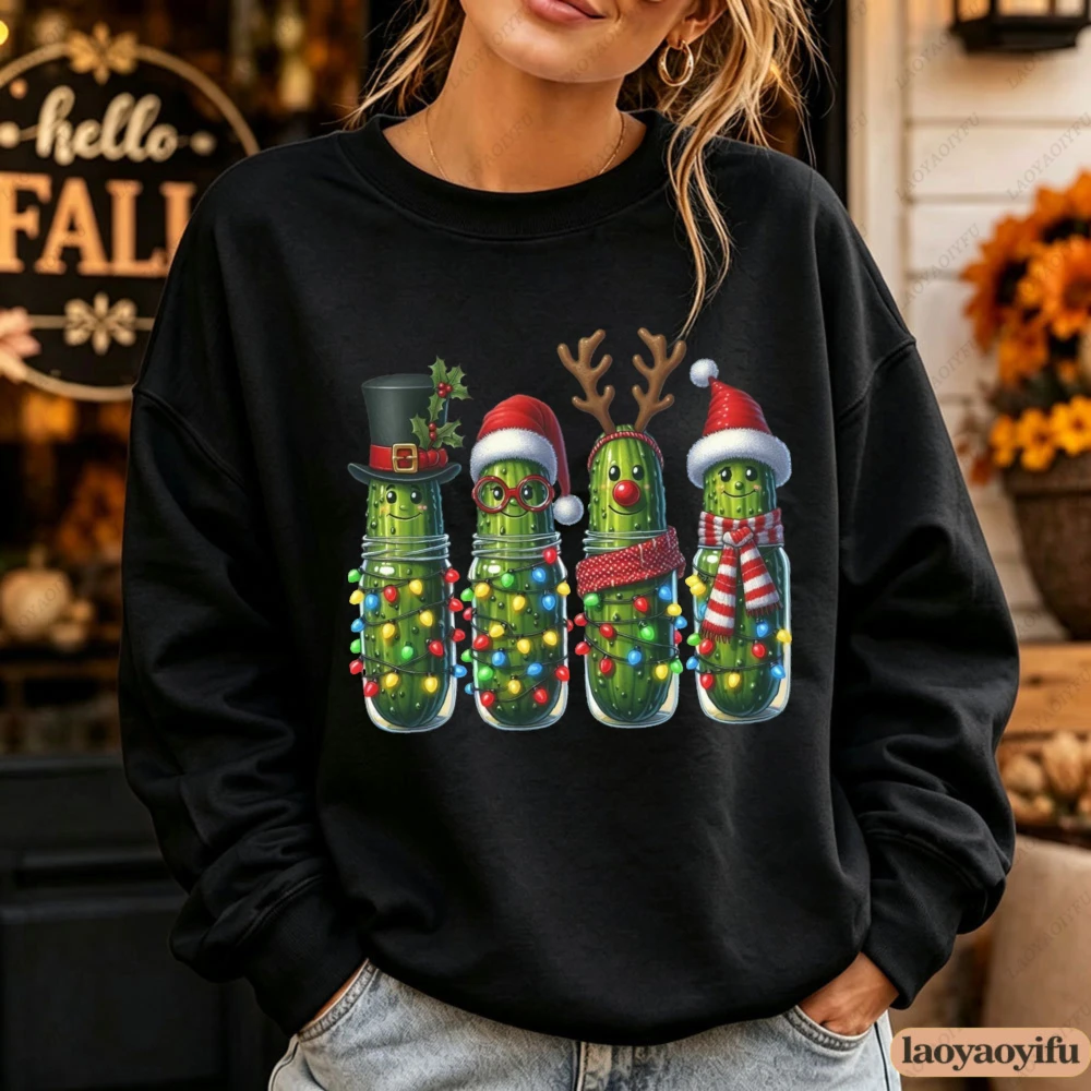 Funny Christmas Pickle Graphic Sweatshirt Women Autumn Winter Lights Santa Hat Print Loose Casual Long Sleeve Gift Ideas Hoodie