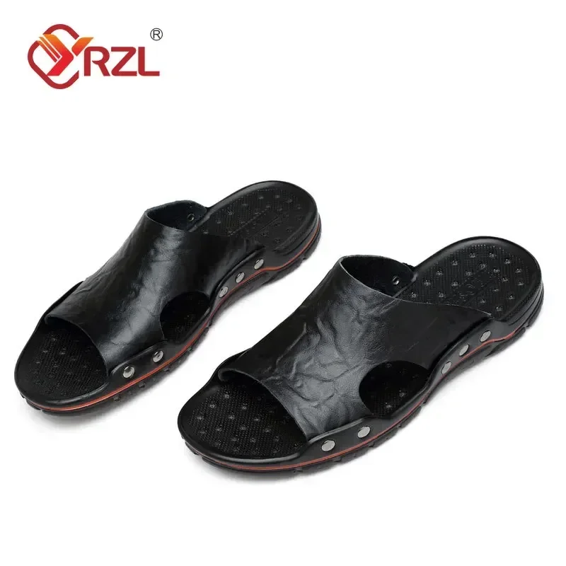 YRZL Mens Sandals PU Leather Classic Summer Men Slippers Soft Black Slippers Big Size Slippers Lightweight EVA Slides for Men