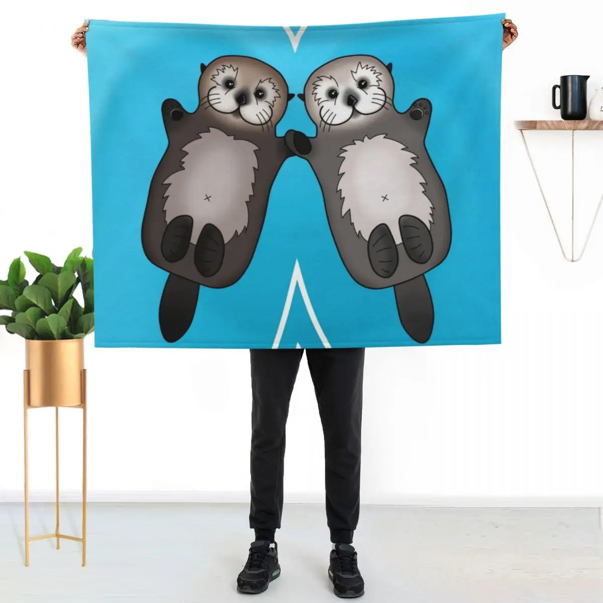 Otters Holding Hands - Sea Otter Couple Throw Blanket Cozy Napping Blanket Gift for Mom Dad