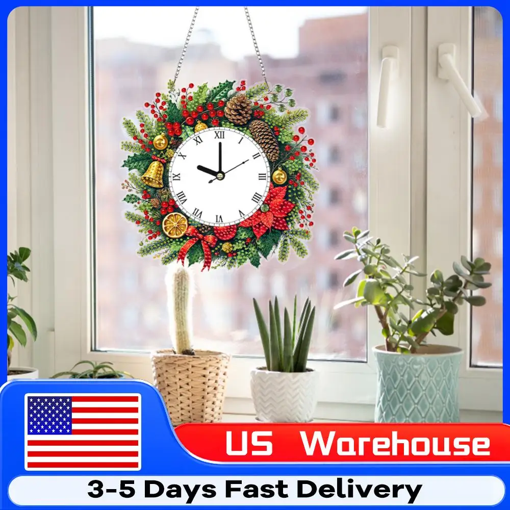 

2D Flat DIY Christmas Wreath Diamond Clock Art Pendant Home Wall Decoration Craf