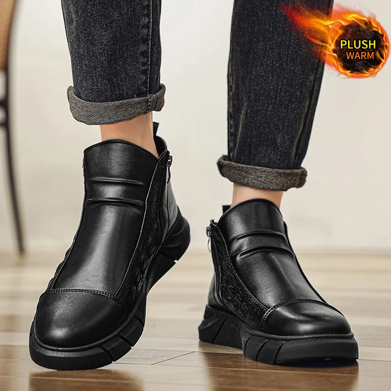 Botas de couro masculinas inverno quentes e confortáveis botas Chelsea de cano alto