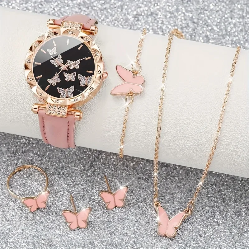 

6pcs/set Women's Shiny Rhinestone Butterfly Quartz Watch Analog PU Leather Wrist Watch & Jewelry Set, Gift For Mom Her