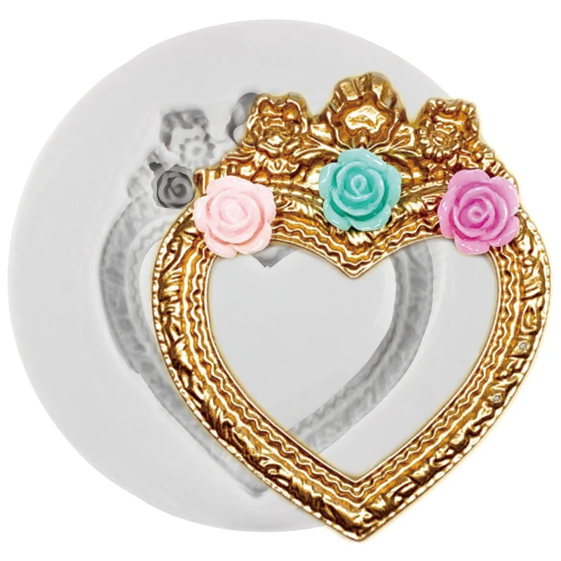 Baroque Heart Shaped Frame Silicone Mold DIY Wedding Rose Flower Fondant Molds Cake Decorating Tools Chocolate Gumpaste Moulds