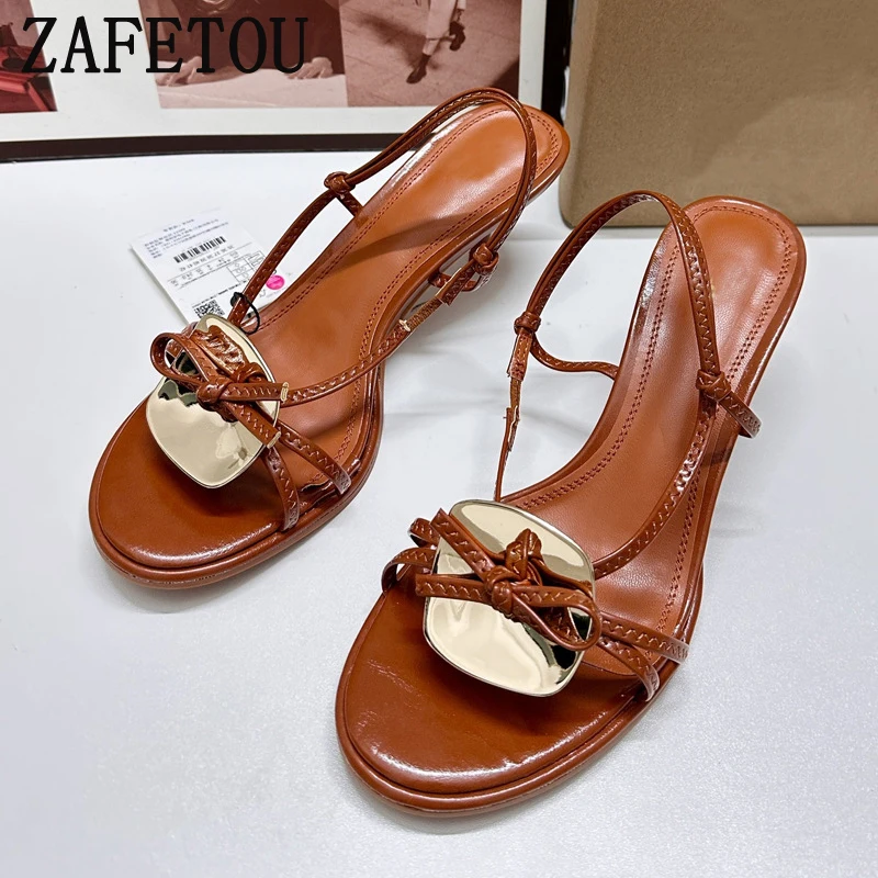 Zafetou Brown Thin Strap Stilettos Slingbacks Metal Disc Point Head Open Toe Pumps Chic Thin Mid Heel Sandals Shoes For Woman