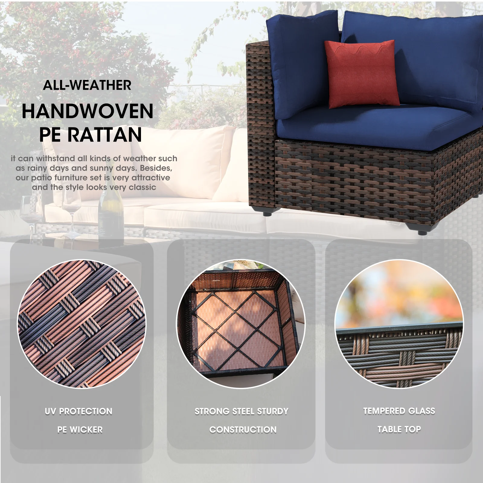 7 Piece Patio Furniture Sets with Fire Pit Table, All Weather PE Rattan with Cushions for Garden, Lawn, Backyard, Blue