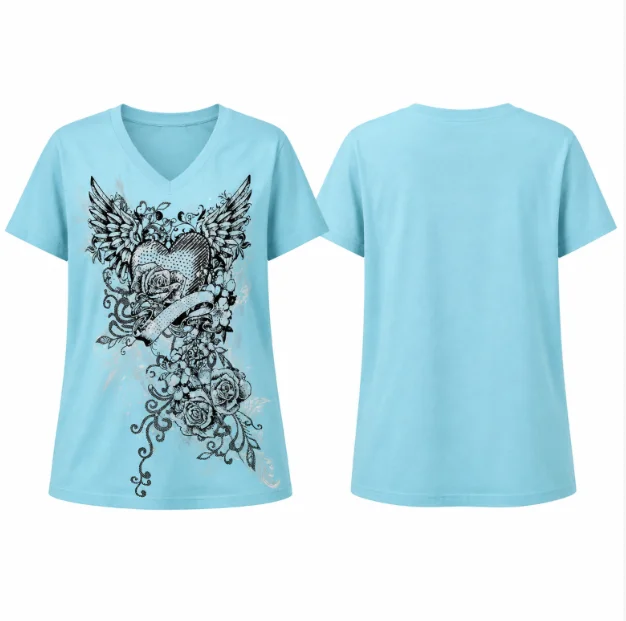 Y2K Gothic Winged Heart Rose Print Women V Neck T Shirt  Short Sleeve Tattoo Art Graphic Tee Vintage Streetwear Casual Tops