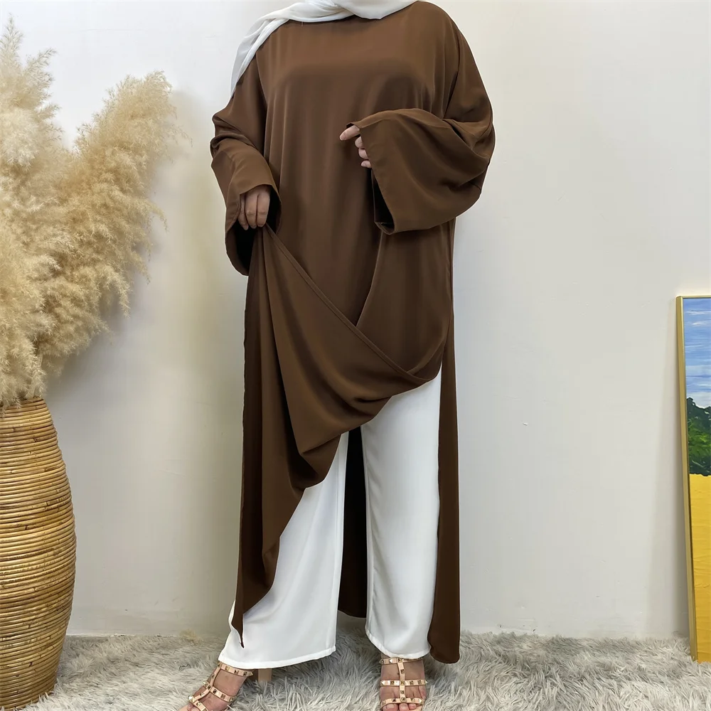 Fashion Solid Pants Two Clothing Turkish Slit Dress Ramadan Dress Muslim Abayas For Woman Moroccan Islam Casual Kebaya Clothing