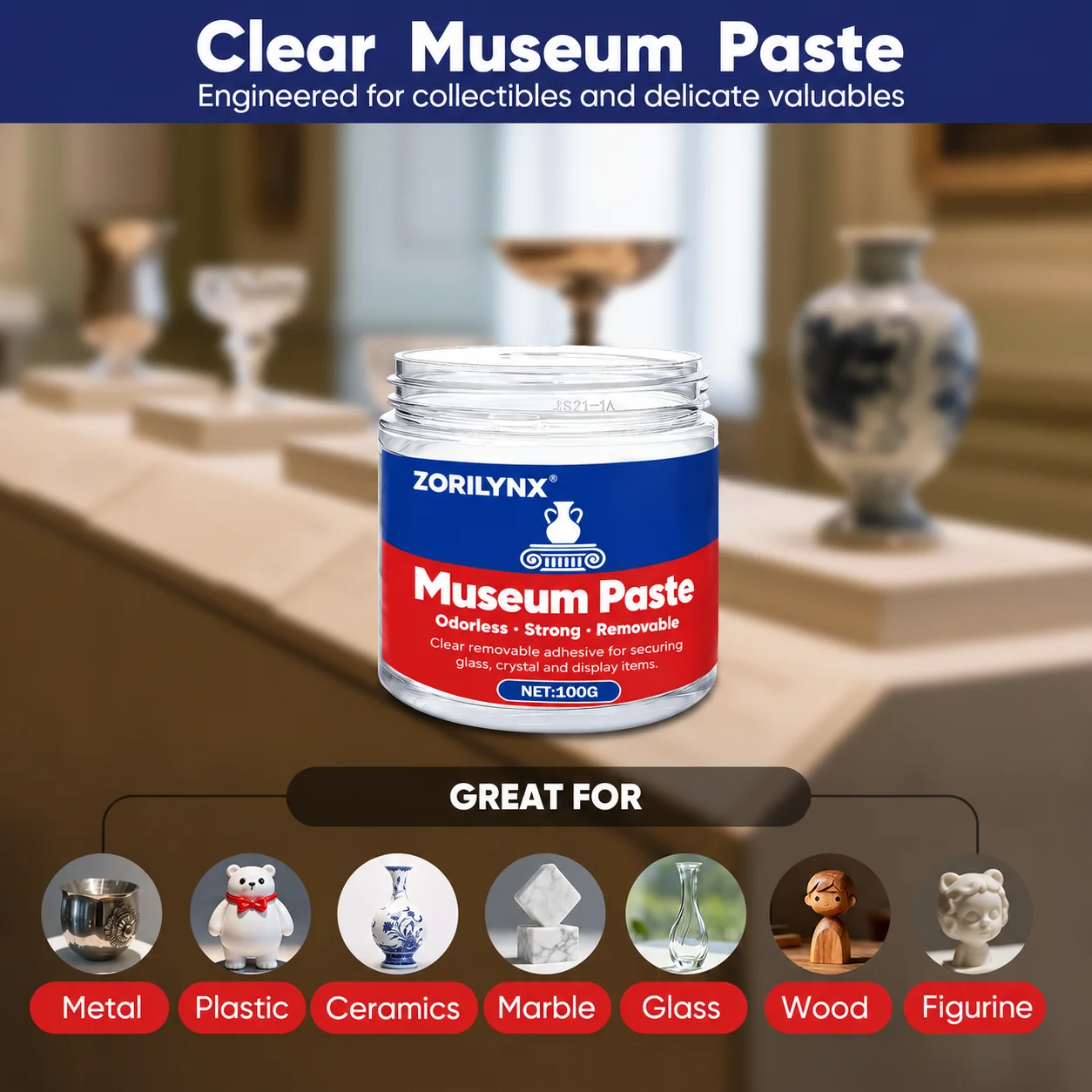 100ML Exhibition Gel Clear Removable Reusable Museum Display Adhesive for Collectibles Vases Figurines Glass Ceramic Decorations