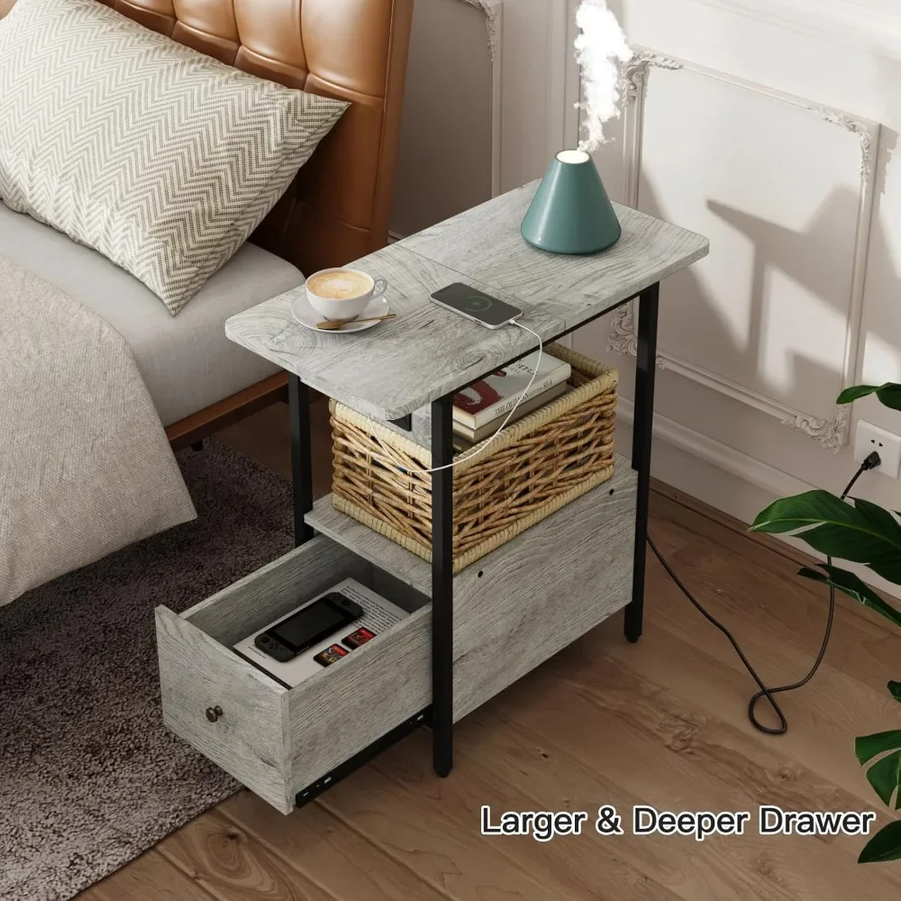 Bedside table with charging station, narrow edge table with drawers, USB ports and power sockets, small space bedside table