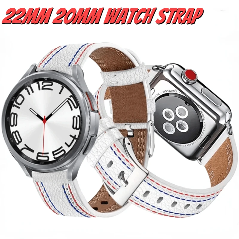 

22mm 20mm Leather Strap For Samsung Galaxy watch 6/5/4 For Huawei Watch 4/3 Sport Needlework bracelet Band For Amazfit GTR4/GTS4