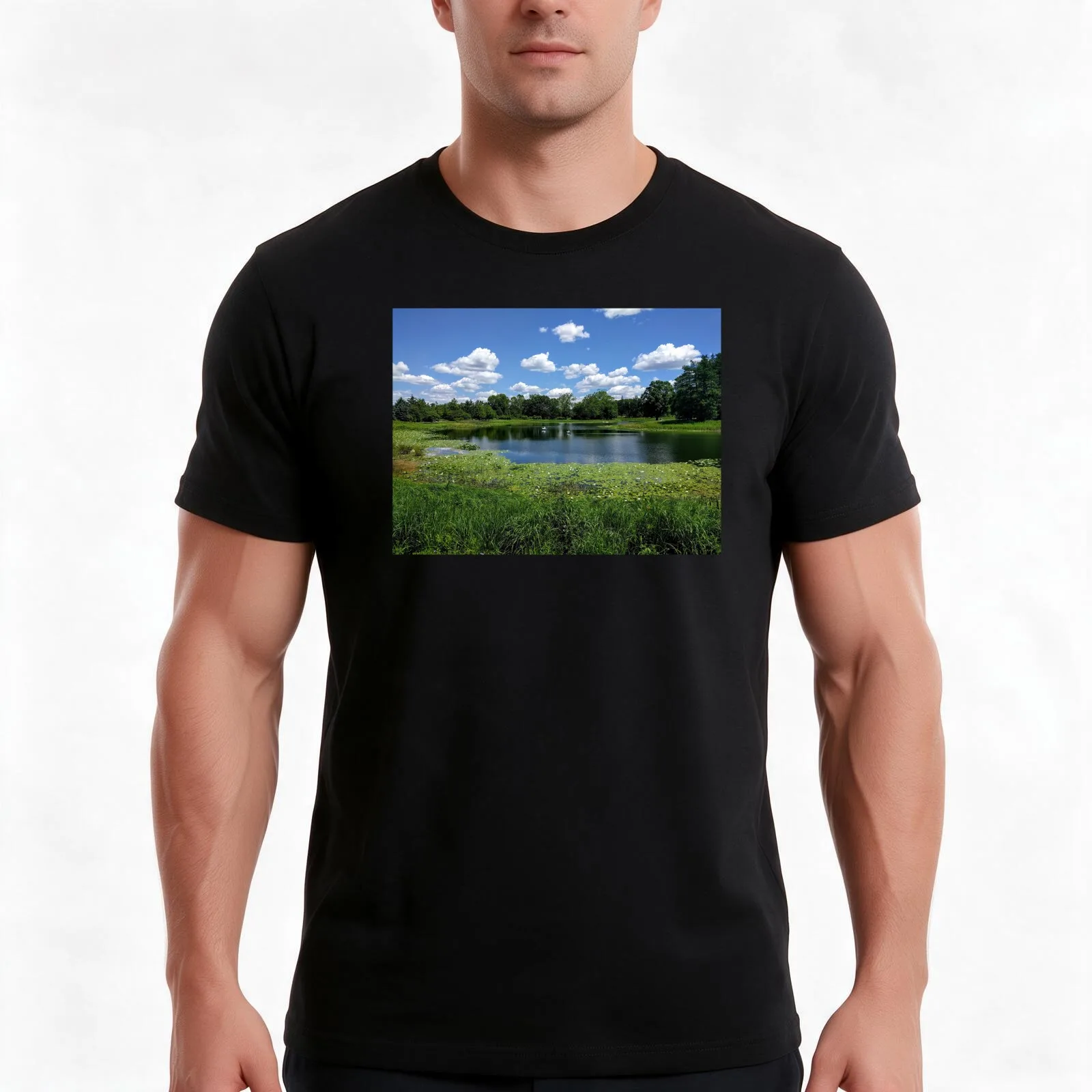 Idyllic Landscape: Sky Clouds Water Origami Boats Lilly Pads And Tall Grass T-Shirt Summer Casual Cotton Tee 100% Cotton