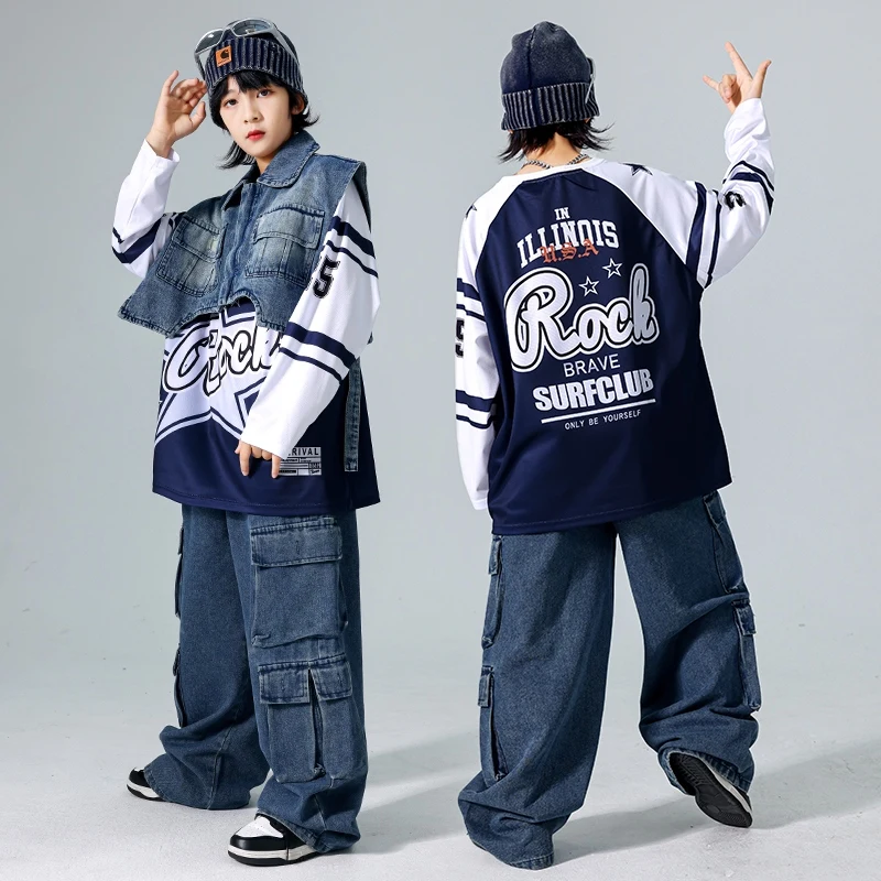 Street Dance Kostuum Jongens Denim Hip Hop Broek Kinderen Jazzdans Slijtage Oversize Tops Cool Stadium Pak Danser Team Kleding AMY1325