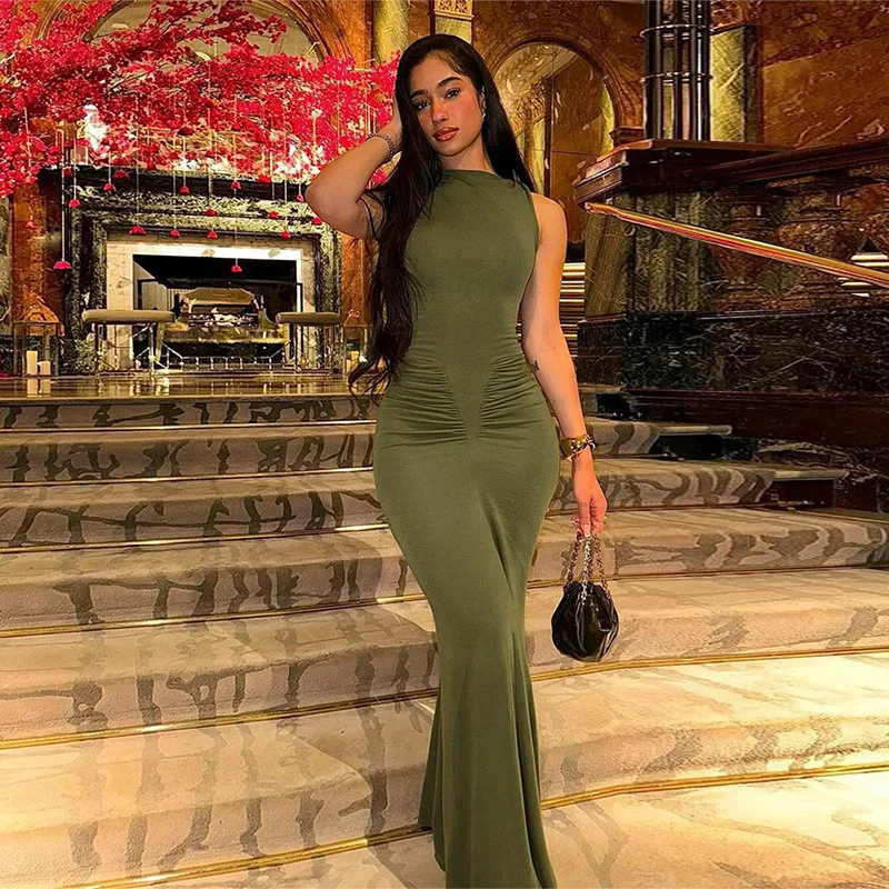 Elegant Women Dress Fashion Simple Solid Sleeveless Cinched Fold Waist Maxi Bodycon Long Dress Sexy Bodycon Dress Vestidos