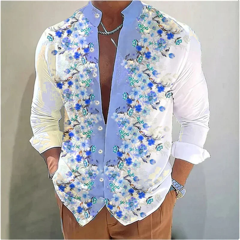 2024 hot spring and summer new men\'s stand-up collar shirt 3D digital printed flower pattern large size long-sleeved top