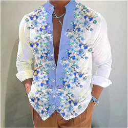 2024 hot spring and summer new men's stand-up collar shirt 3D digital printed flower pattern large size long-sleeved top