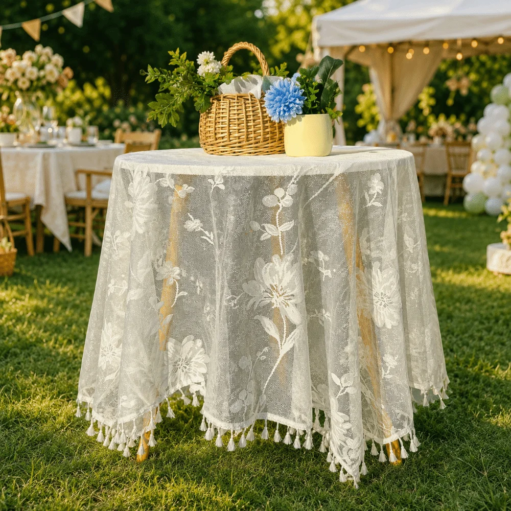 Vintage Pompom Tassel Tablecloth Dust-Proof Embroidered Lace Tablecloth White Color Cotton French Table Cover Decor Picnic