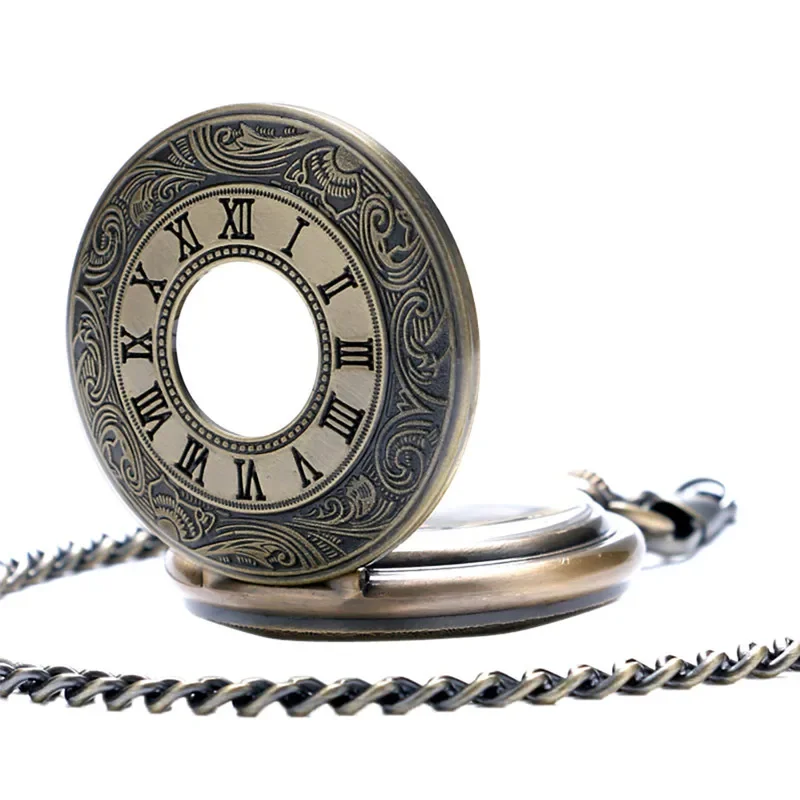 Bronze Roman Numerals Case Steampunk Pocket Watch Skeleton Mechanical Handwinding Clock with Fob Pendant Chain Gift To Men