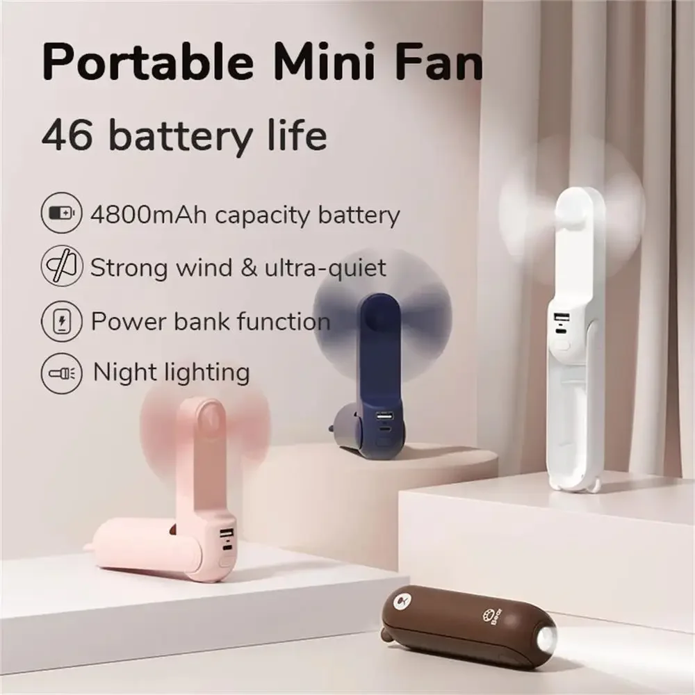 

Portable Handhel Fan 3 IN 1 Mini Hand Held Cooling Fan USB 4800mAh Recharge Small Pocket Fan with Power Bank Flashlight Feature