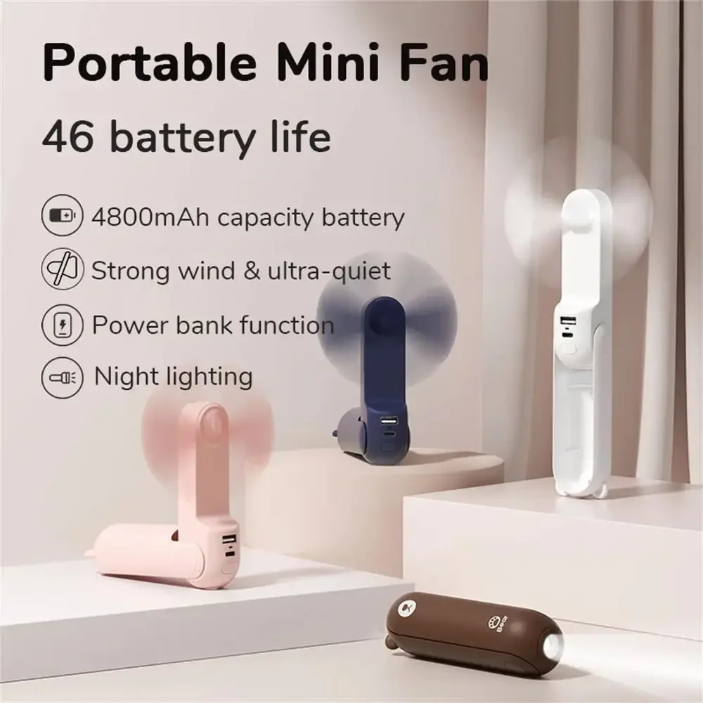 휴대용 미니 핸드헬드 선풍기, 3 in 1 냉각 선풍기, USB 4800mAh 충전, 소형 포켓 선풍기, 보조배터리 손전등 기능