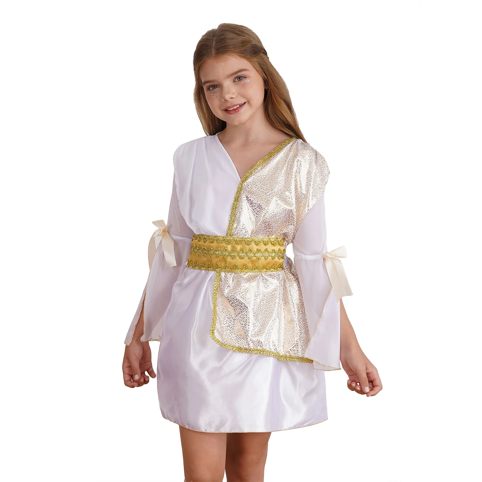 Bambini ragazze Halloween antica grecia Athena dea regina principessa Costume Cosplay manica lunga abito in pizzo dorato con cintura