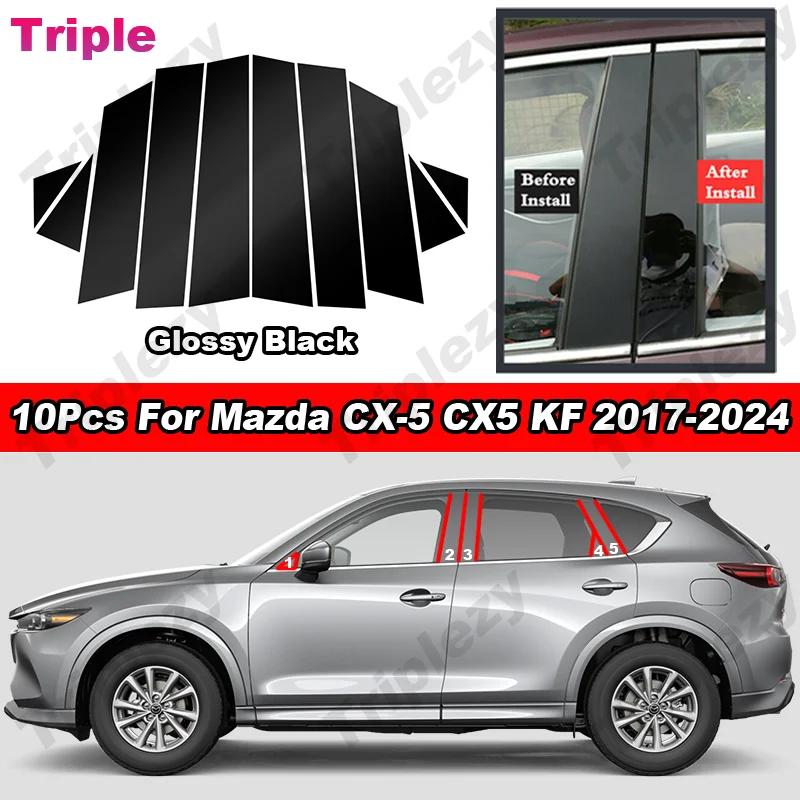 10Pcs Glossy Piano Black/Carbon Fiber PC Material B C Pillar Post Cover Door Trim Window Sticker For Mazda CX-5 CX5 KF 2017-2024