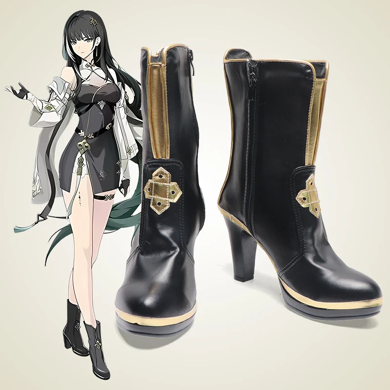 The Baizhi Cosplay Game Wuthering Waves  black Prop shoes  high heels Women customize mid-calf boots