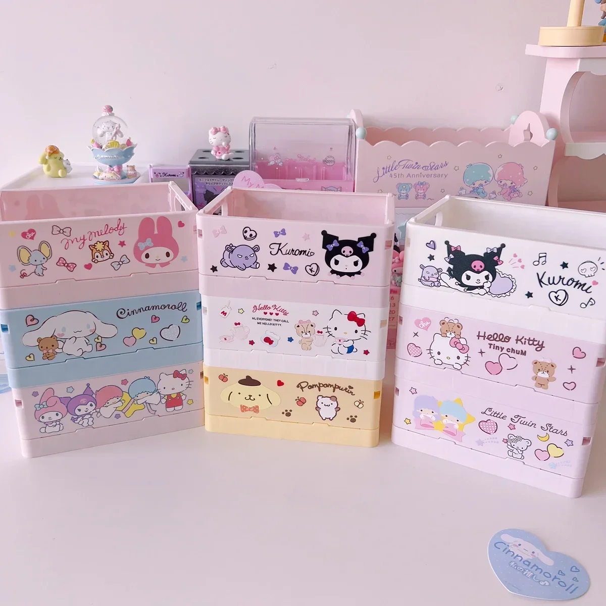 Sanrio Desktop Foldable Plastic Storage Box Organizer Melody Kuromi Cinnamoroll Girl Cartoon Sundries Storage Organizing Basket