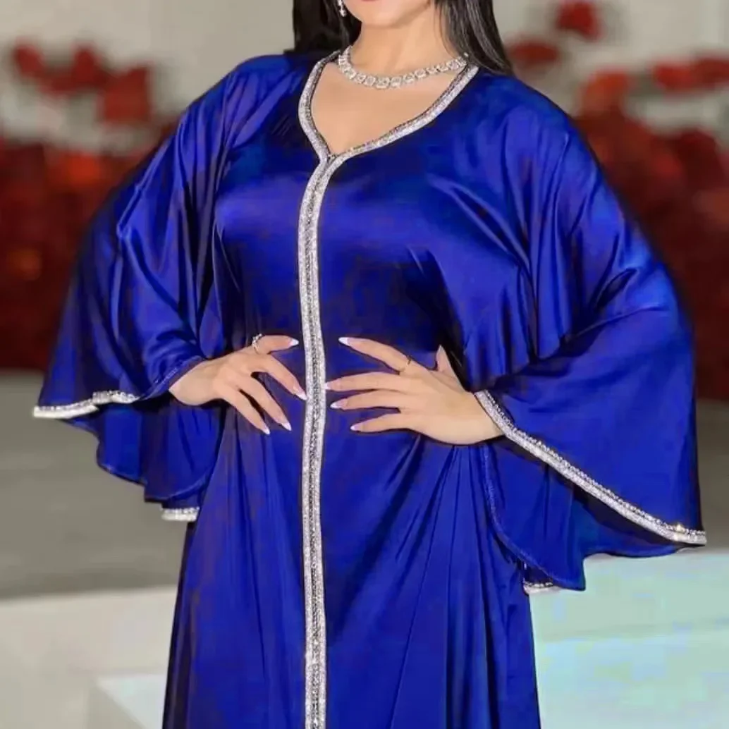 Abaya Dress 2023 Summer Elegant Muslim Women 3/4 Sleeve V-neck Polyester Blue Yellow Green Long Dresses Muslim Fashion Abaya 3