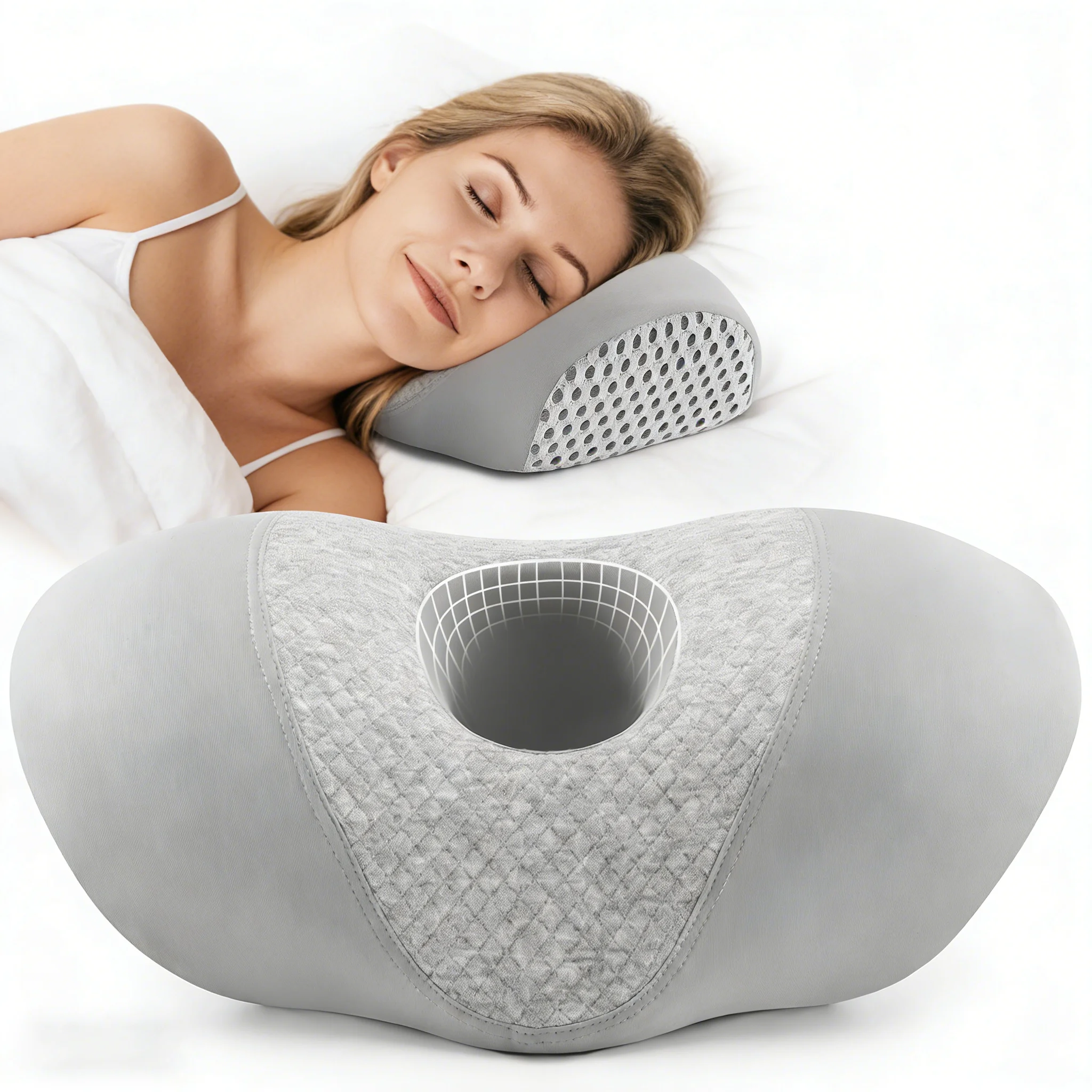 Almohada con Orificio para los Oídos para Dormir de Lado, para el Dolor de Oídos, la Inflamación del Oído y las Úlceras por Presión, Almohada en Forma de O para Dormir de Lado