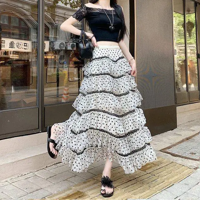 

Новая юбка-миди с принтом в горошек, А-силуэт, с завышенной талией, элегантное многоярусное платье, модная праздничная модель S313, коллекция Весна-Лето 2026