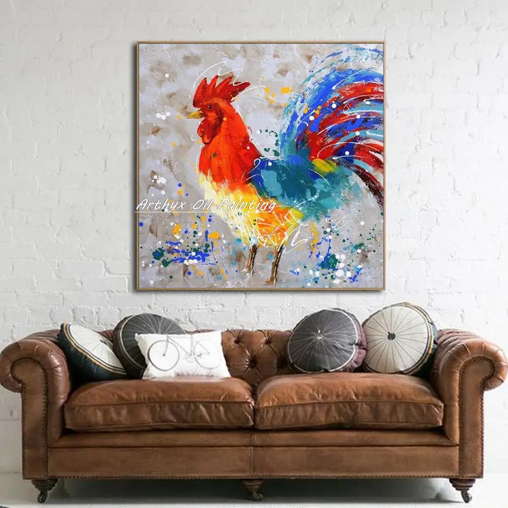 Arthyx Handpainted Big Cock Animal Oil Paintings On Canvas,Modern Abstract Pop Art Wall Picture For Living Room Hotel Decoration