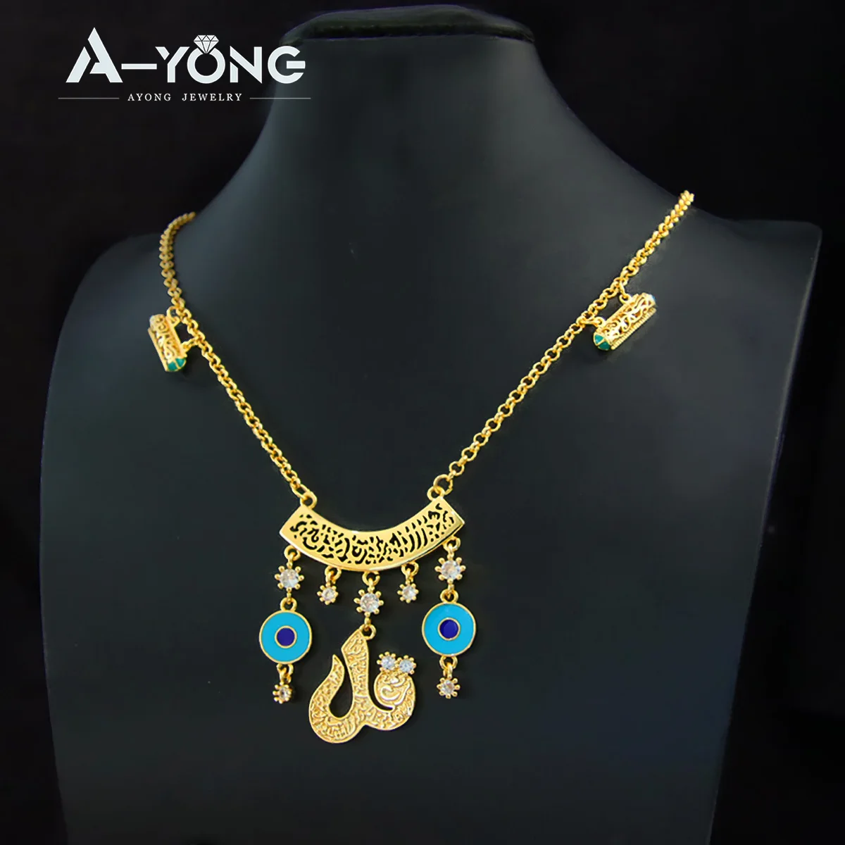 Saudi Letter Long Necklace 21k Gold Plated Personality Blue Eyes Arab Women Choker Dubai Bridal Wedding Banquet Accessories