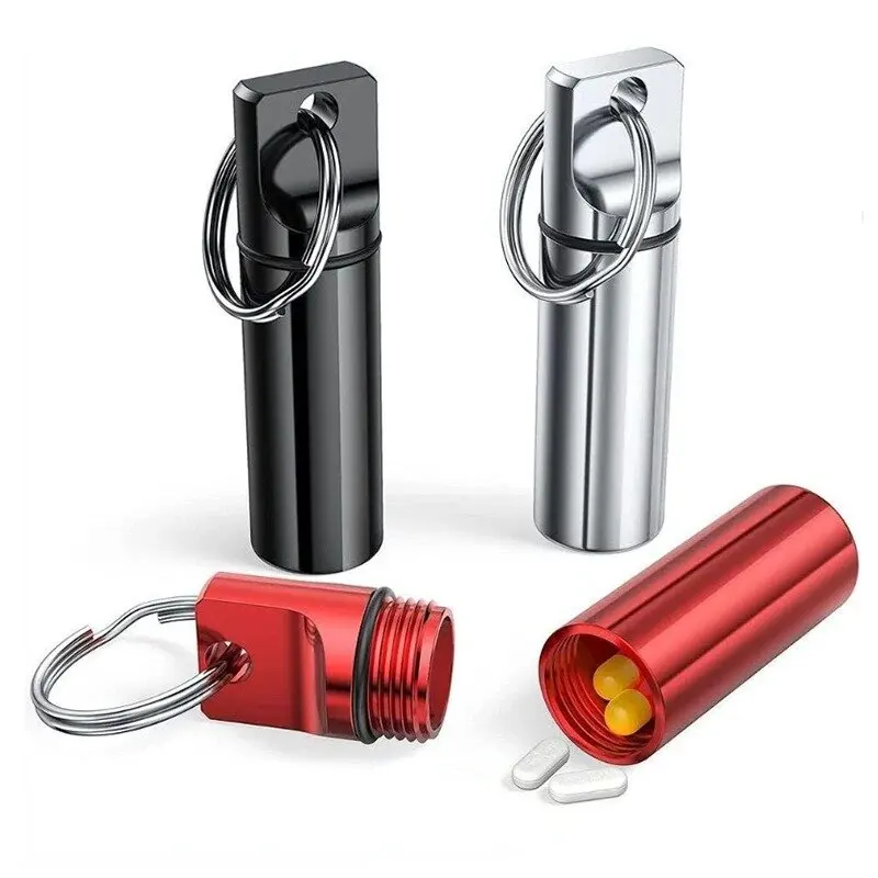 Aluminum Waterproof Pill Box Cases with Sealed Storage, Flat Head, Round Alloy Cartridge and Keychain for Vitamin Fish Oils