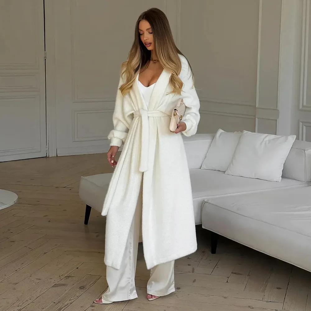 

Women's Belted Knitted Sweater Cardigan Lantern Sleeve Extended Length Coat New Autumn Winter