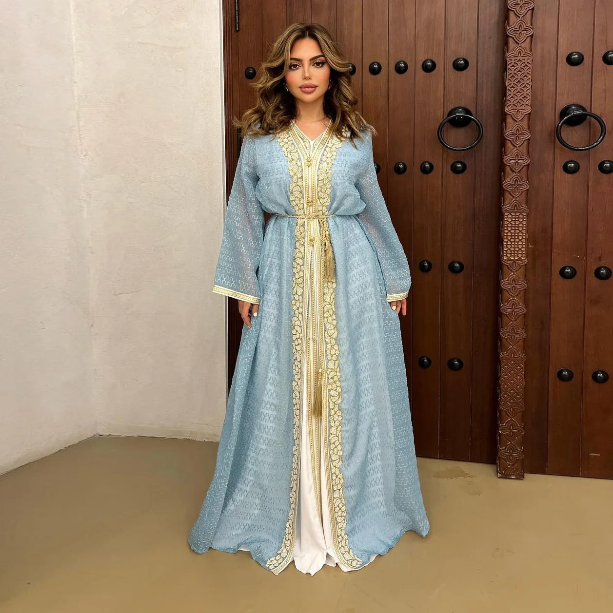 AB405 Robe Muslim Women's Embroidered Hot Diamond Two Piece Set Fashion Saudi Jalabiya Including Waist Rope