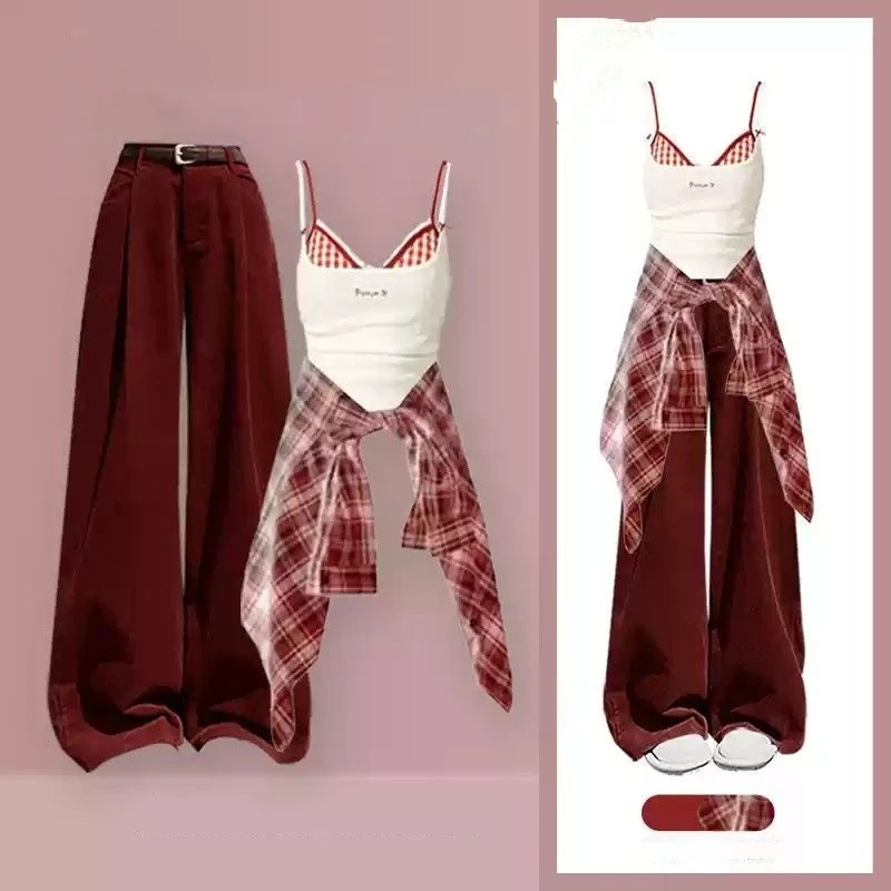 Women's Spring Autumn Plaid Shirts Lace Sling Wide Leg Pants 1 or Three Piece Set Lady Long Sleeve Blouse Vest Trousers Outfits
