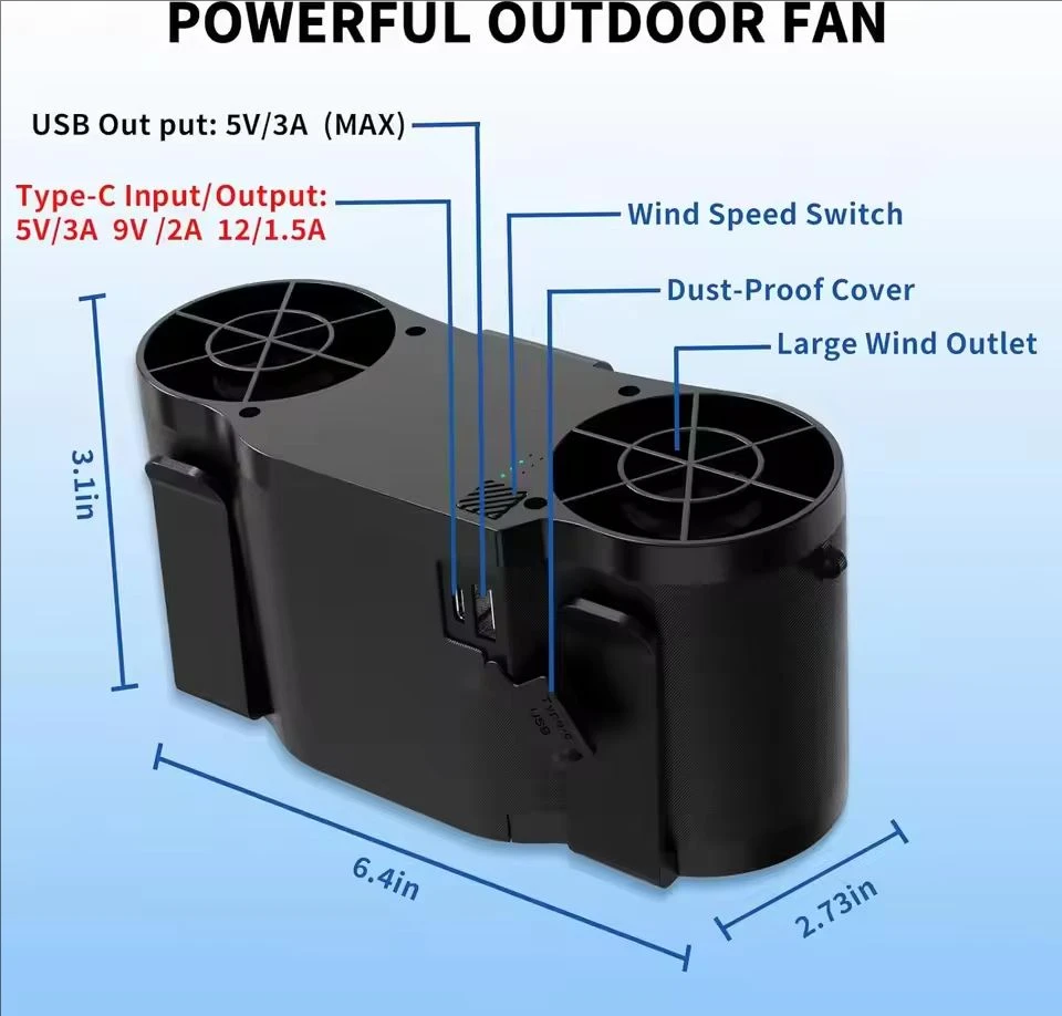 New 20000mAh portable waist fan, rechargeable, hands-free neck-worn fan suitable for camping, outdoor, construction sites, farms