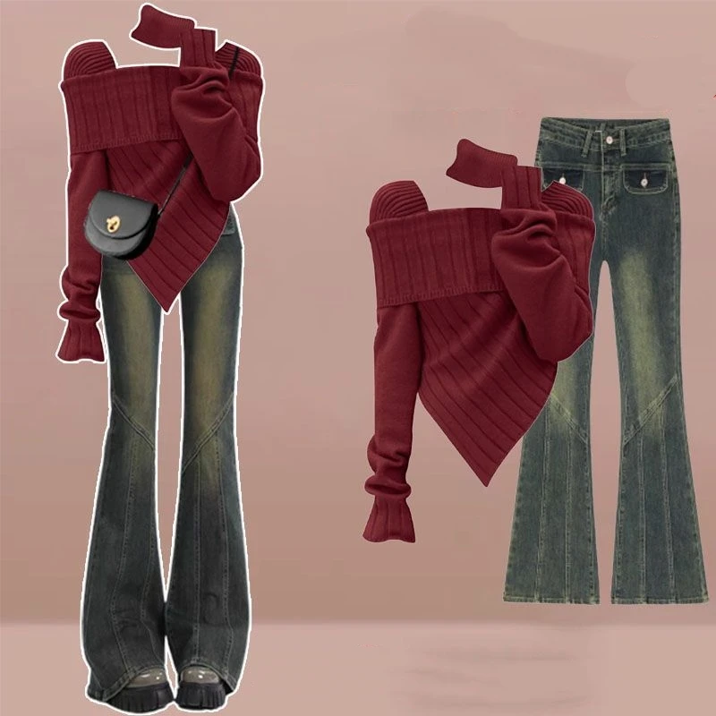 Immagine 4: Pantaloni maglione sciarpa autunno inverno da donna Set due pezzi Lady coreano grazioso maglia sottile pullover a maniche lunghe top pantaloni abiti